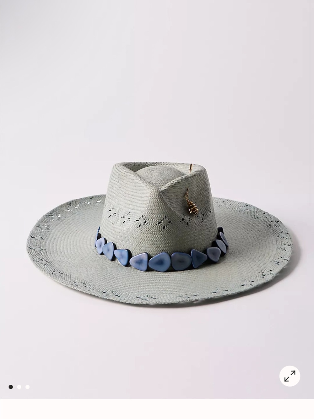 Light Gray Straw Wide-Brim Hat with Blue Bead Trim